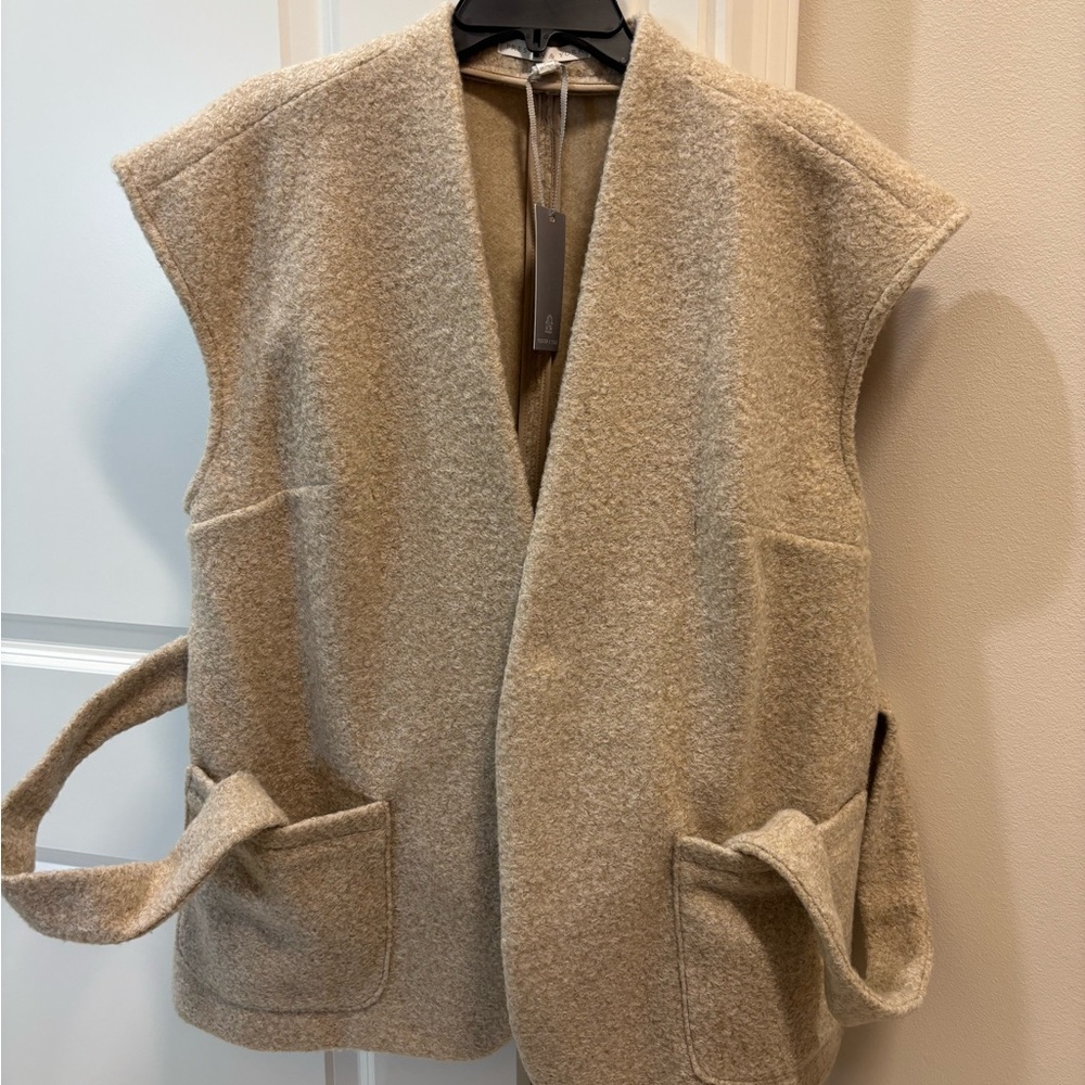 Preston & York Elaine Vest Jacket in Oat Beige with Pockets and Waist Tie